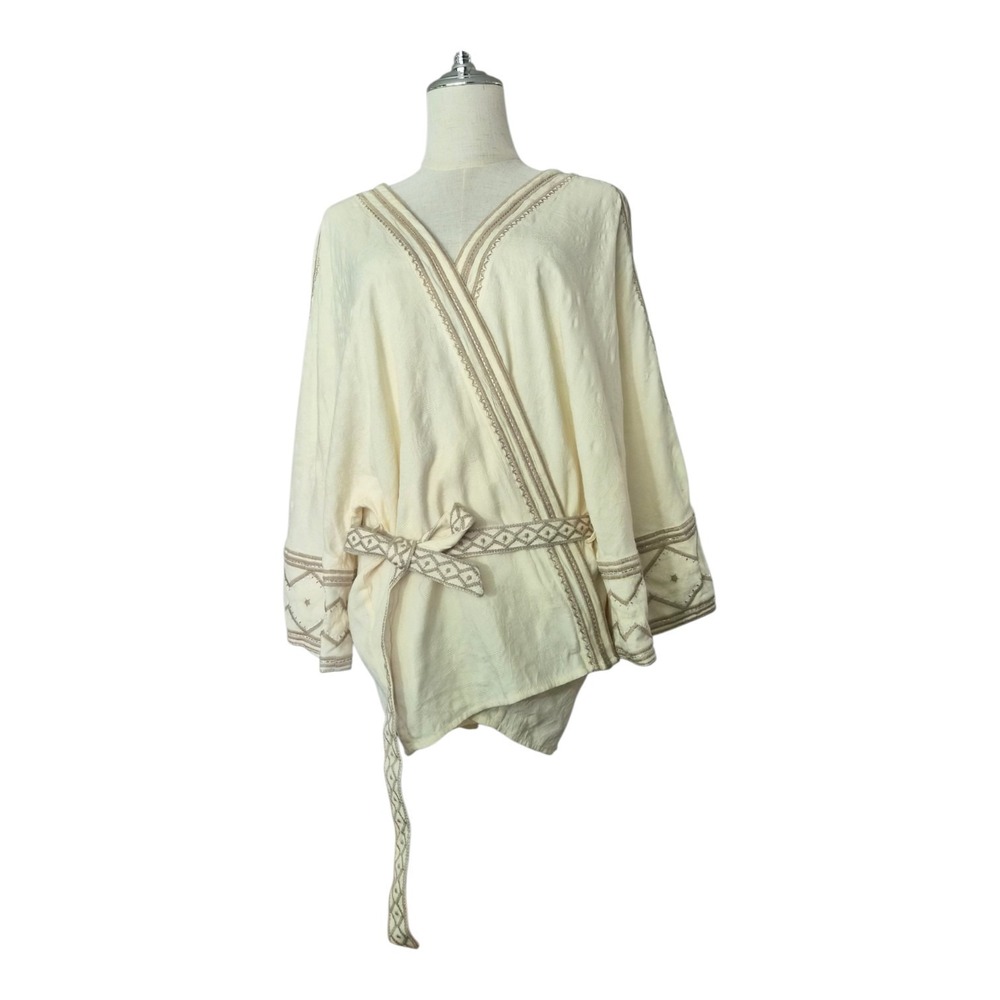 THREAD Women S/M Cream Embroidered Kimono Wrap Jacket Boho Belted Festival
